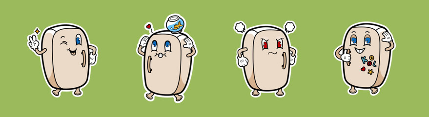 Set of adorable and expressive refrigerator character illustrations showcasing various moods and scenarios. Features a fridge with happy, loving, angry, and decorated expressions.
