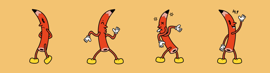 Four rubberhose retro-style pencil characters with funny expressions: sad, greeting, flirtatious, and tired. Cute vector illustrations are suitable for education, comics, and creative design elements.