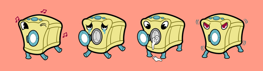 Set of cute and expressive washing machine character illustrations in various moods. Featuring a washing machine with happy, sad, confused, and angry emotions.