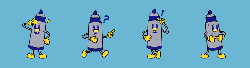Set of cute marker characters in retro cartoon style rubberhose with cheerful, thinking, surprised, and panicked expressions. Suitable for educational design, comics, digital assets, and creative need