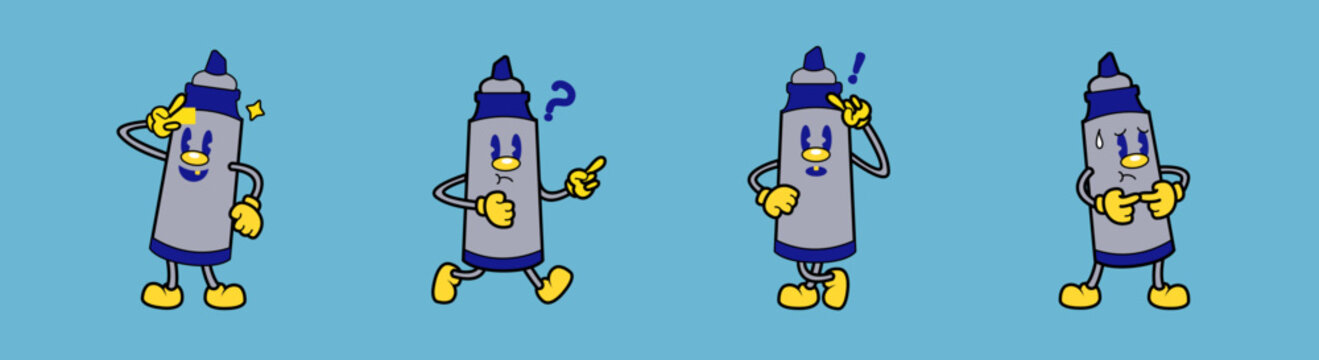 Set of cute marker characters in retro cartoon style rubberhose with cheerful, thinking, surprised, and panicked expressions. Suitable for educational design, comics, digital assets, and creative need