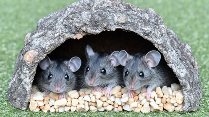 Three baby mice in a wooden cave