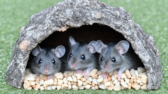 Three baby mice in a wooden cave