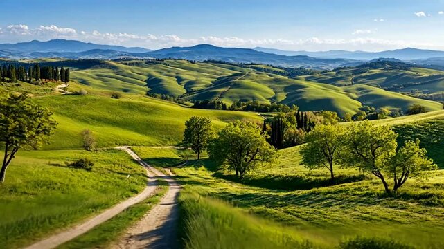 Picturesque rolling hills landscape winding path mountain background green grass outdoor nature scenery