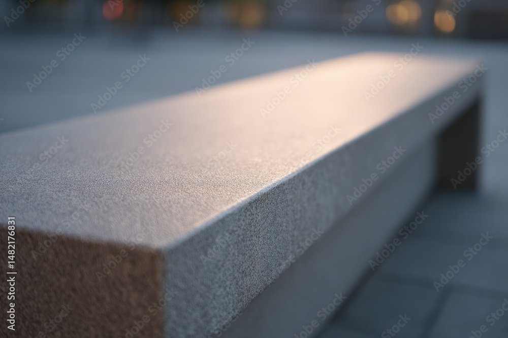Poster capture close-up of urban benches with minimalistic design emphasizing clean lines and surfaces