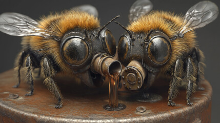 Two bees drinking from a pipe