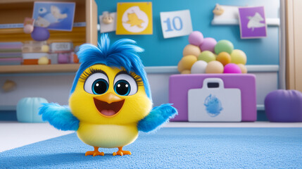 Animated cartoon bird in a classroom setting