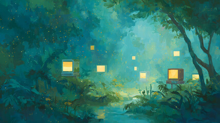 A magical glade lit by arcade screens embedded into tree trunks. Lush vegetation surrounds joystick consoles emerging from the ground like natural relics. The forest is alive with glowing leaves and