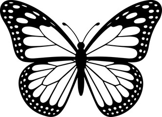 A crisp black and white silhouette of a Monarch butterfly with intricately patterned wings, perfect for minimalist nature designs or educational purposes.