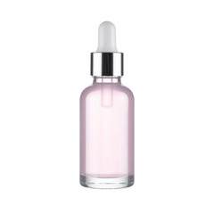 Glass bottle with a dropper filled with pink liquid suitable for beauty product promotion, skincare advertisement, and medical concept design.