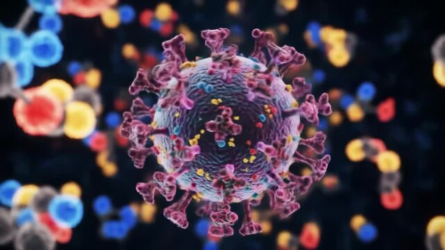 Virus particles interact with surrounding cells in a digital animation