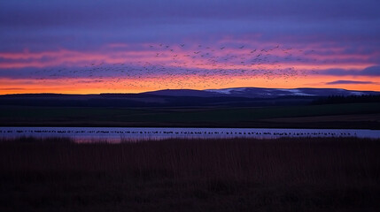 Flocking birds over tranquil lake at sunrise