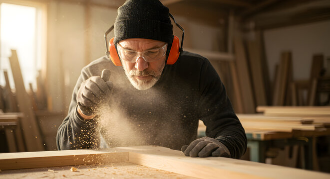 Carpenter Blowing Sawdust from Wooden Plank in Workshop Wearing Safety Gear and Gray Sweater in a Bright Lit Environment