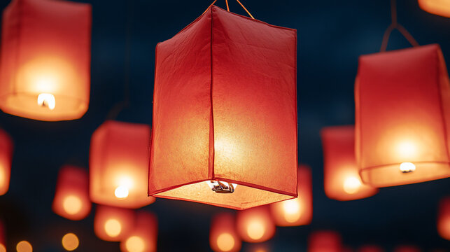Floating red lanterns at night