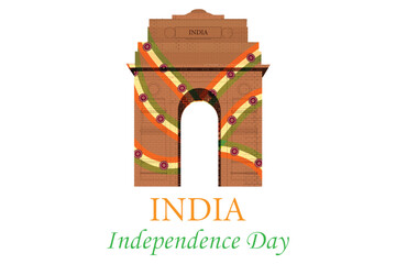 Artistic illustration celebrating India’s Independence Day. India will be celebrating 78th Independence Day on 15th. India Gate, an iconic war memorial, made of red sandstone or brickwork.