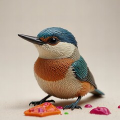 Cute nuthatch, plastic toy, minimalistic model, isolated on white background.