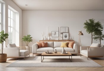 Bright, airy living room with minimalist furniture and decor, decor, throw, living room