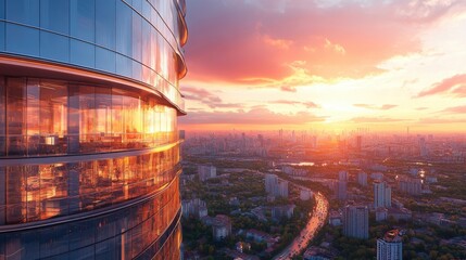 100-story glass building with curved architecture, stylish business residence, reflecting a vibrant sunset, on a light orange background