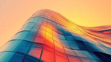 100-story glass building with curved architecture, stylish business residence, reflecting a vibrant sunset, on a light orange background