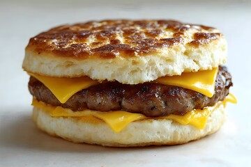 Delicious Breakfast Sandwich with Sausage Patty and Melted Cheese on Fluffy Biscuit