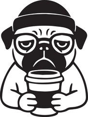 pug dog with hat and coffee