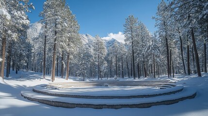 Snow-covered amphitheater surrounded by tall pine trees, Generative AI