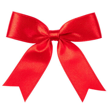 Red satin bow on white background, elegant decoration for gift wrapping, greeting cards, invitations, holiday designs, and festive projects.