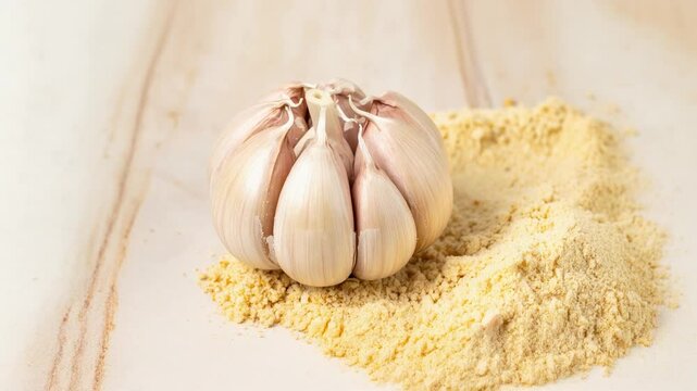 Close up of garlic clove with garlic powder scattered around, showcasing texture and flavor.