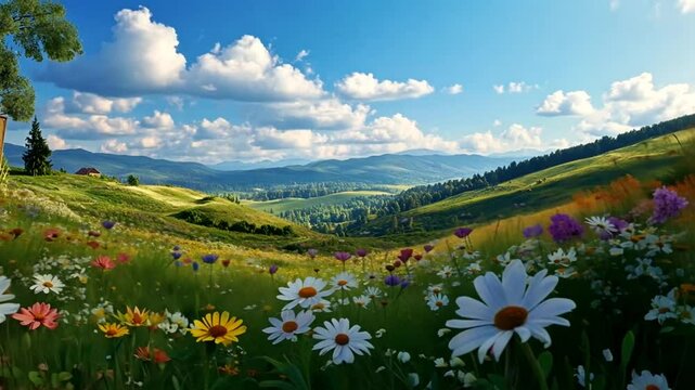 Sunlit rolling hills landscape meadow wildflowers tranquil vista