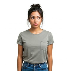Young Woman with Hair Bun in Gray T-Shirt and Blue Jeans Looking Sideways with a Pensive Expression on a White Background

