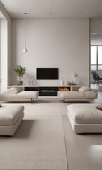 Fototapeta premium Sleek minimalist living room, neutral palette, simple, rug, neutral