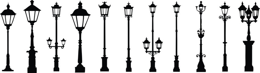 Set of lamp post silhouette vectors. Vintage streetlamp bundle isolated on transparent background