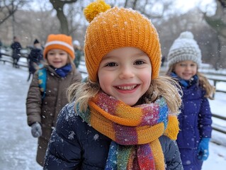 Children bundled up in bright scarves and hats playing in a snowy park, Generative AI