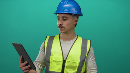 Young hispanic man in reflective vest and hardhat using tablet against isolated green background wall.