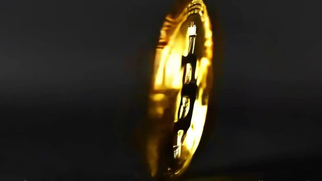 Nahaufnahme einer gl&auml;nzenden goldenen Bitcoin-M&uuml;nze auf schwarzem Hintergrund