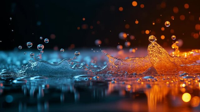 Liquid splashes in vibrant blue and orange tones against dark background  