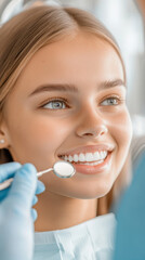 Radiant young woman smiles confidently while receiving dental care in a modern clinic