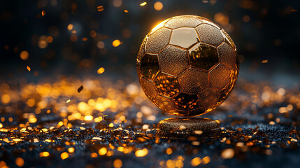 Golden soccer ball hovering over sparkling dark background.