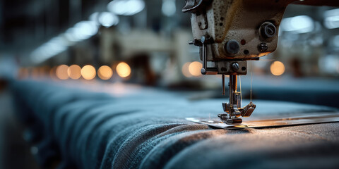 Industrial sewing machine stitching fabric in factory, close up blue textile production line