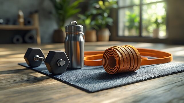 Home gym equipment on wooden floor