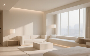 Fototapeta premium Modern hotel interior with large windows, and soft lighting.