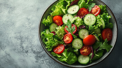 Fresh salad bowl with mixed greens, cucumbers, cherry tomatoes, and parsley.