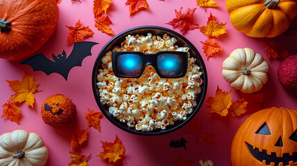 Popcorn bowl with 3D glasses, surrounded by Halloween decorations on a pink background.