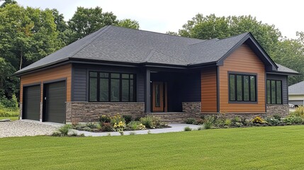 A newly built home featuring a low-slope roof and brown siding.