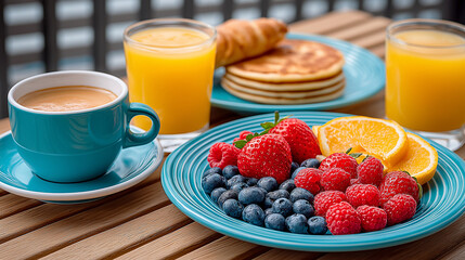 Colorful healthy breakfast with fresh berries, citrus, pancakes, croissant, coffee and orange juice on wooden table