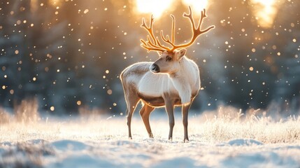 majestic reindeer with glowing antlers standing in a frosted clearing surrounded by softly falling snow, Generative AI
