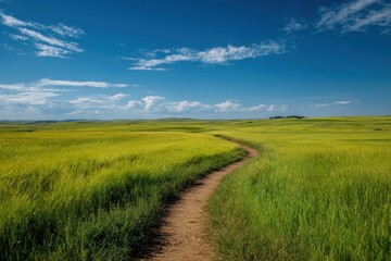 Obraz premium Serene pathway through a vibrant, grassy landscape under a blue sky.