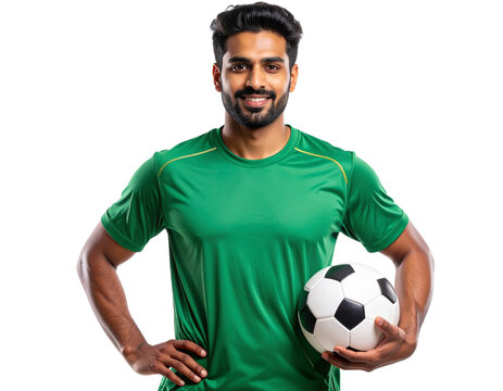Fototapeta Indian Football Player in Green Jersey with Soccer Ball, Isolated on Transparent Background