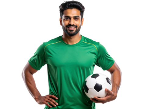 Indian Football Player in Green Jersey with Soccer Ball, Isolated on Transparent Background