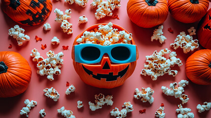 Halloween movie night snack.  Popcorn and pumpkin jack-o'-lantern with 3D glasses on pink background.